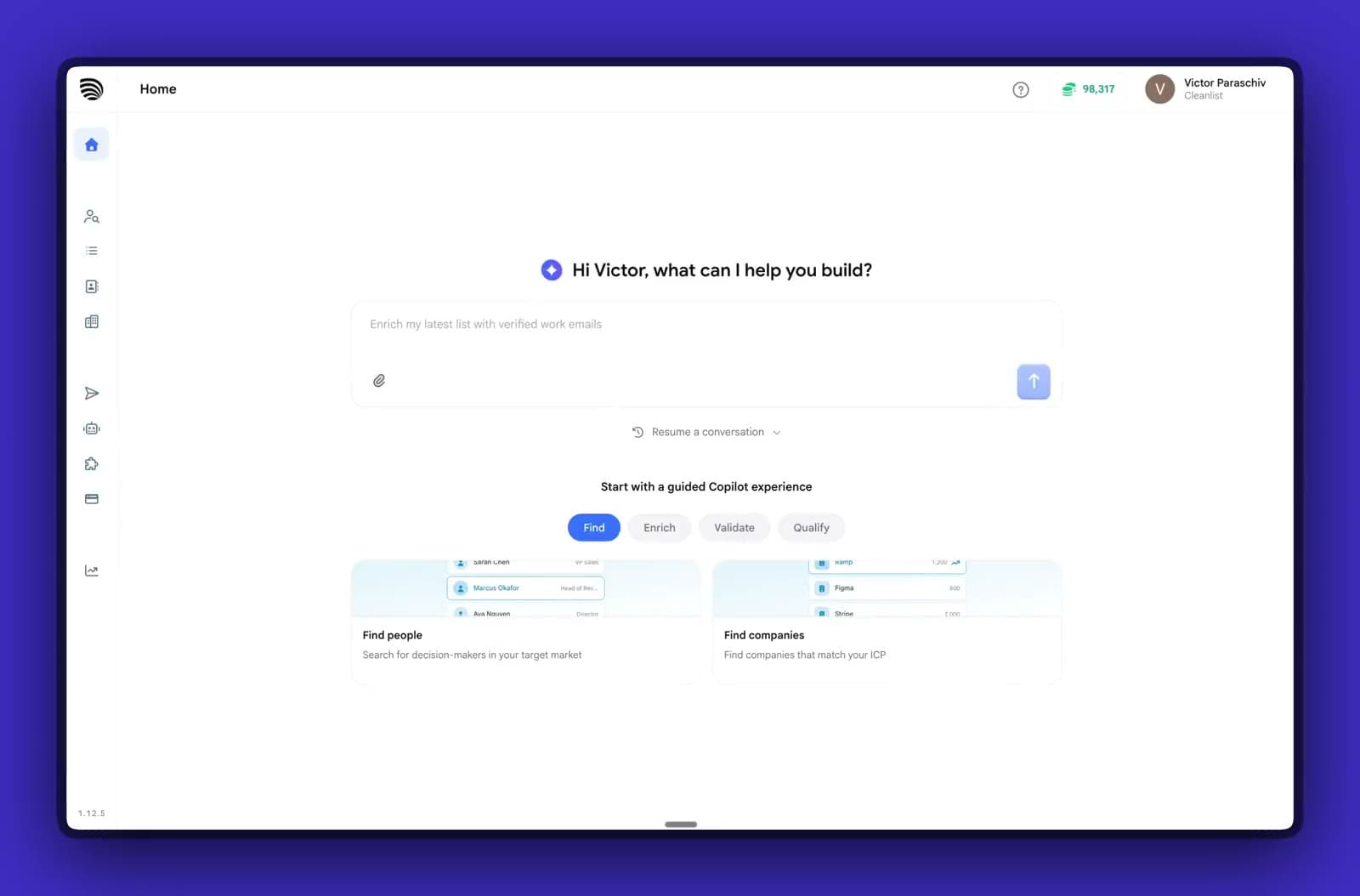 The Clu home screen in Cleanlist AI, with Find, Enrich, Validate and Qualify as starting points
